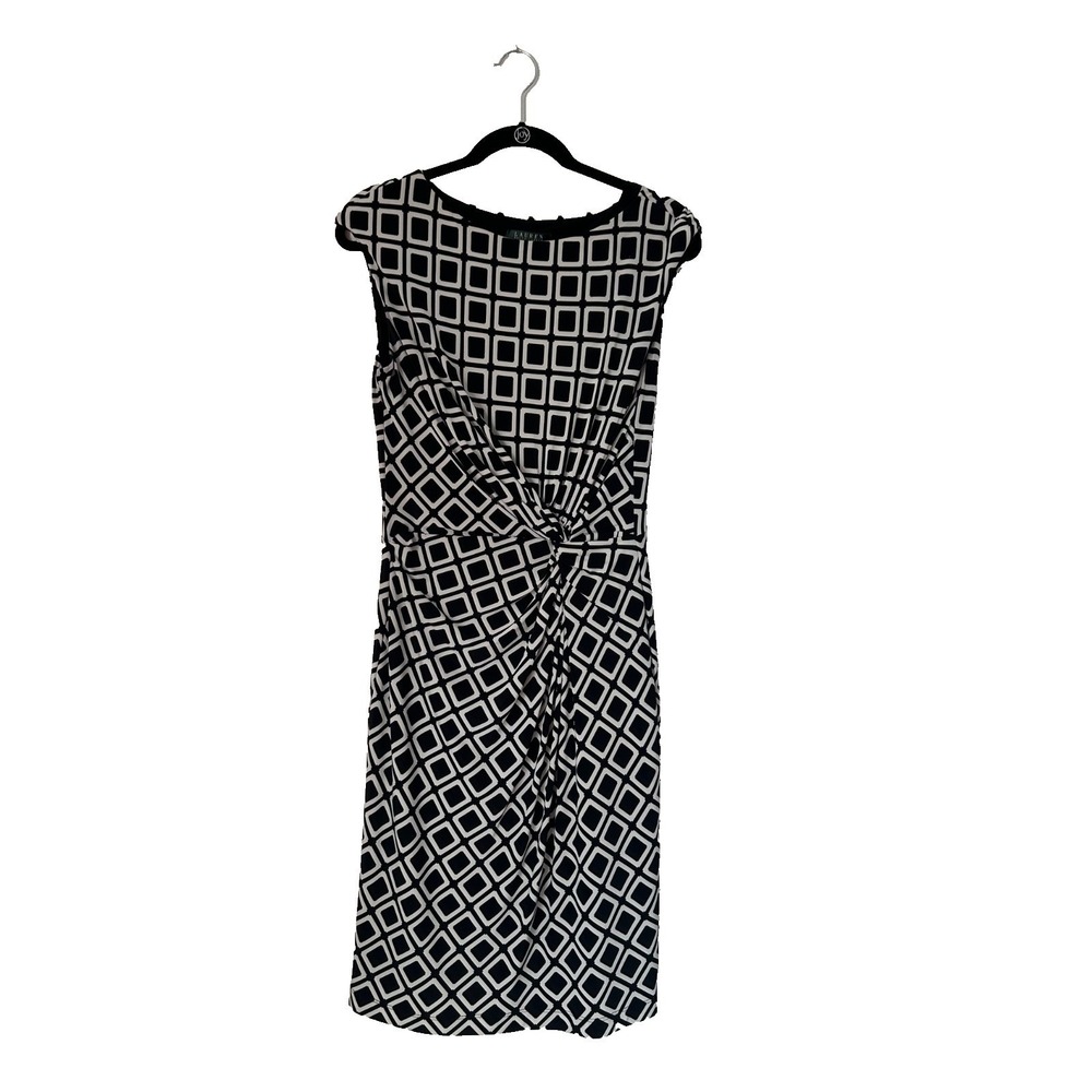 Lauren Ralph Lauren Sheath Dress Size 12 Black White Geo Faux Wrap Twist Front